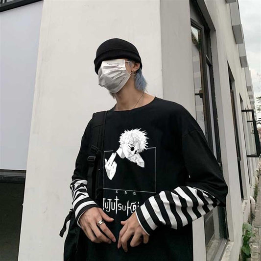 ESC BUTİK Jujutsu Kaisen Baskılı Fake Sleeves Unisex Siyah T-shirt