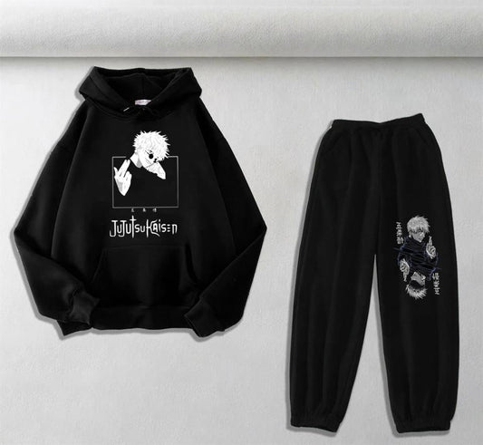 ESC BUTİK Jujutsu Kaisen Baskılı Siyah Oversize Kapüşonlu Sweatshirt & Eşofman Altı Unisex İkili Takım