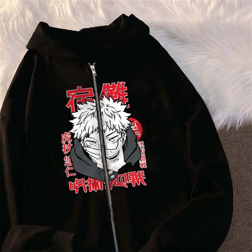 ESC BUTİK Jujutsu Kaisen Poster Baskılı Oversize Fermuarlı Siyah Unisex Kapüşonlu Hırka