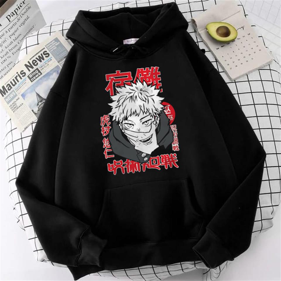 ESC BUTİK Jujutsu Kaisen Poster Baskılı Siyah Unisex Oversize Kapüşonlu Sweatshirt