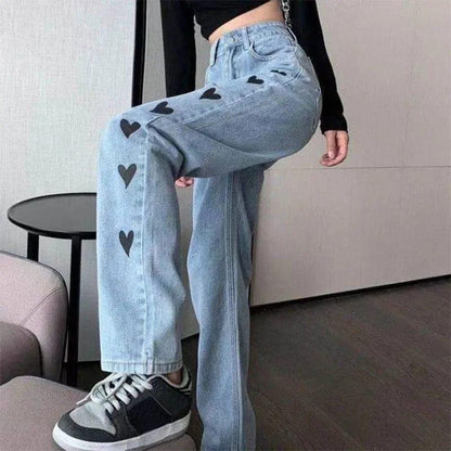 ESC BUTİK Kalp Naskış İşlemeli Streetwear Baggy Mavi Pantolon