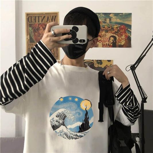 ESC BUTİK Kanagawa Oki Nami Ura Baskılı Fake Sleeves Unisex Beyaz T-shirt