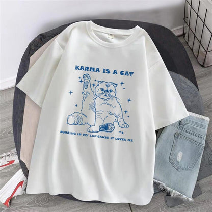 ESC BUTİK Karma Is A Cat Baskılı Beyaz Unisex Oversize T-shirt