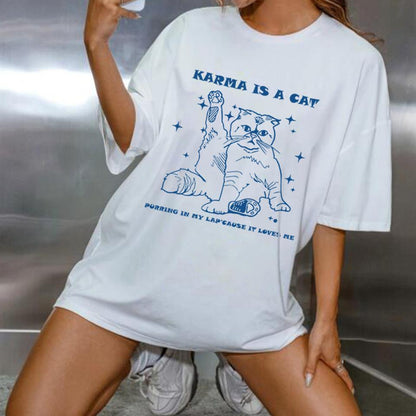 ESC BUTİK Karma Is A Cat Baskılı Beyaz Unisex Oversize T-shirt