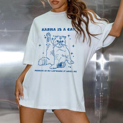 ESC BUTİK Karma Is A Cat Baskılı Beyaz Unisex Oversize T-shirt