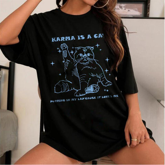 ESC BUTİK Karma Is A Cat Baskılı Siyah Unisex Oversize T-shirt