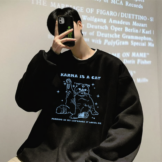 ESC BUTİK Karma Is Cat Baskılı Siyah Unisex Oversize Bisiklet Yaka Sweatshirt