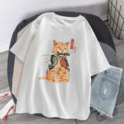 ESC BUTİK Killer Cat Baskılı Beyaz Unisex Oversize T-shirt