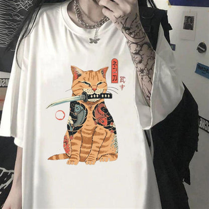 ESC BUTİK Killer Cat Baskılı Beyaz Unisex Oversize T-shirt