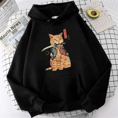 ESC BUTİK Killer Cat Baskılı Siyah Unisex Oversize Kapüşonlu Sweatshirt