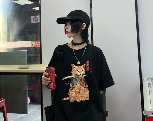 ESC BUTİK Killer Cat Baskılı Siyah Unisex Oversize T-shirt