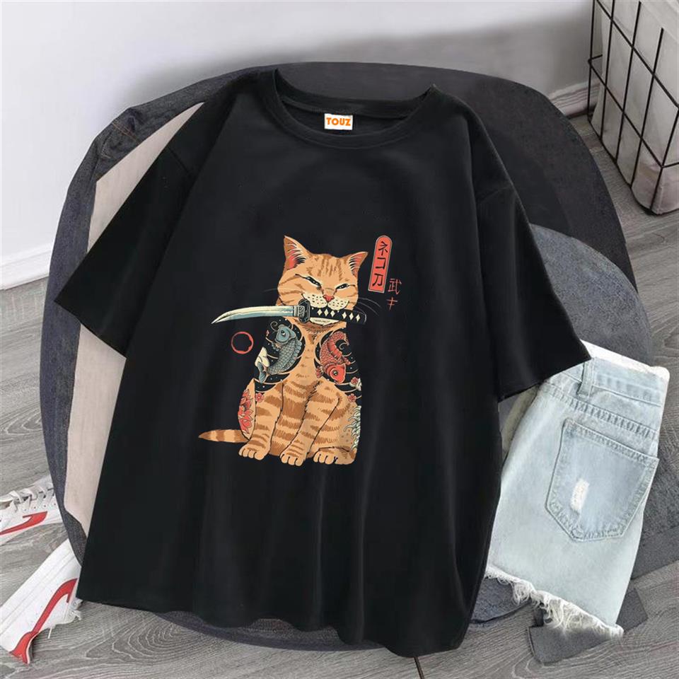 ESC BUTİK Killer Cat Baskılı Siyah Unisex Oversize T-shirt