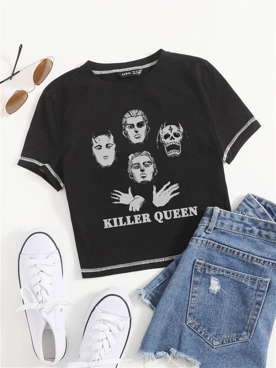 ESC BUTİK Killer Queen Baskılı Ters Dikiş Siyah Crop