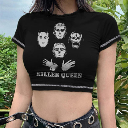 ESC BUTİK Killer Queen Baskılı Ters Dikiş Siyah Crop