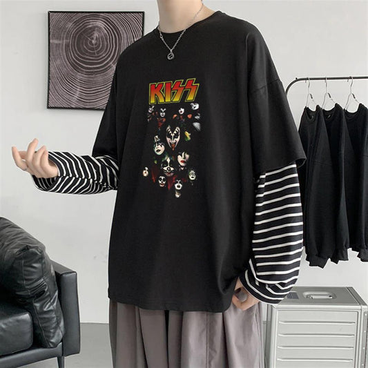 ESC BUTİK Kiss Rock Band Baskılı Fake Sleeves Unisex Siyah T-shirt