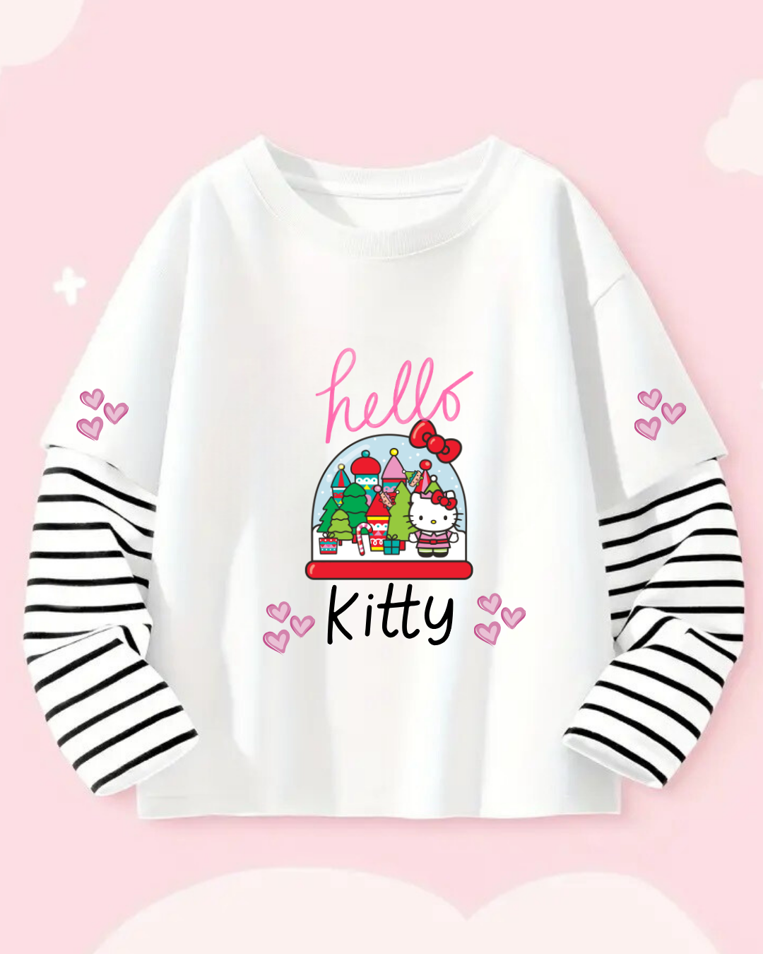 ESC BUTİK Kitty Fake Sleeves Unisex Uzun Kollu Beyaz T-Shirt