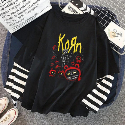 ESC BUTİK Korn Poster Baskılı Fake Sleeves Unisex Siyah T-shirt