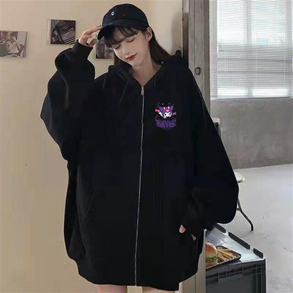 ESC BUTİK Kuromi Baskılı Oversize Fermuarlı Siyah Unisex Kapüşonlu Hırka