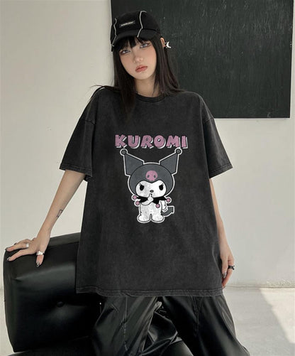 ESC BUTİK Kuromi Be Quiet Baskılı Vintage Yıkamalı Unisex Oversize Eskitme T-shirt