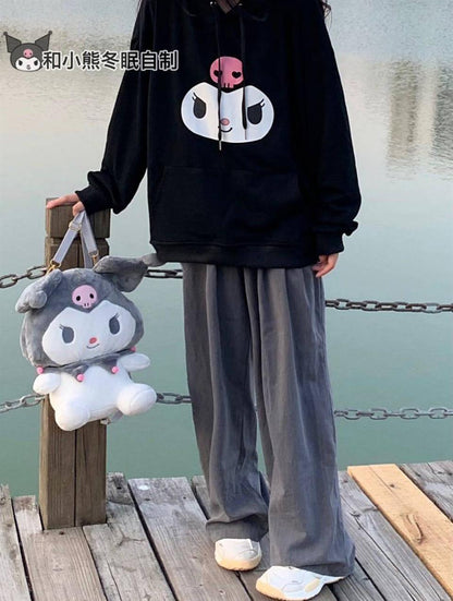 ESC BUTİK Kuromi Face Baskılı Siyah Unisex Oversize Kapüşonlu Sweatshirt