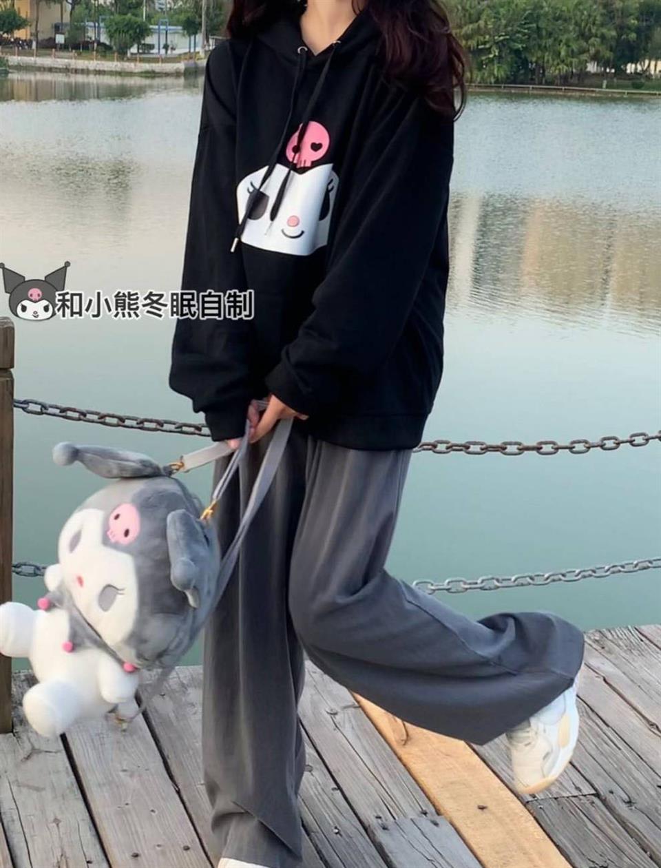 ESC BUTİK Kuromi Face Baskılı Siyah Unisex Oversize Kapüşonlu Sweatshirt