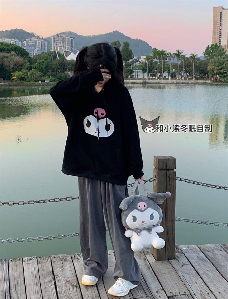 ESC BUTİK Kuromi Face Baskılı Siyah Unisex Oversize Kapüşonlu Sweatshirt