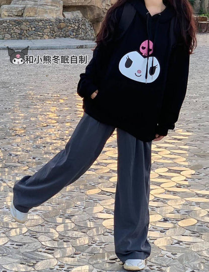 ESC BUTİK Kuromi Face Baskılı Siyah Unisex Oversize Kapüşonlu Sweatshirt