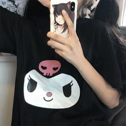 ESC BUTİK Kuromi Face Baskılı Siyah Unisex Oversize T-shirt