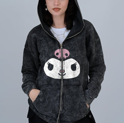 ESC BUTİK Kuromi Face Baskılı Vintage Yıkamalı Full Zip Detail Unisex Oversize Kapüşonlu Hırka