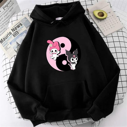 ESC BUTİK Kuromi & Melody Siyah Kapüşonlu Sweatshirt