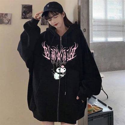 ESC BUTİK Kuromi Pink Baskılı Oversize Fermuarlı Siyah Unisex Kapüşonlu Hırka