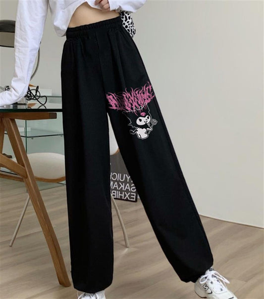 ESC BUTİK Kuromi Pink Baskılı Oversize Unisex Siyah Eşofman Altı