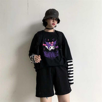 ESC BUTİK Kuromi Purple Baskılı Fake Sleeves Unisex Siyah T-shirt