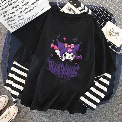 ESC BUTİK Kuromi Purple Baskılı Fake Sleeves Unisex Siyah T-shirt