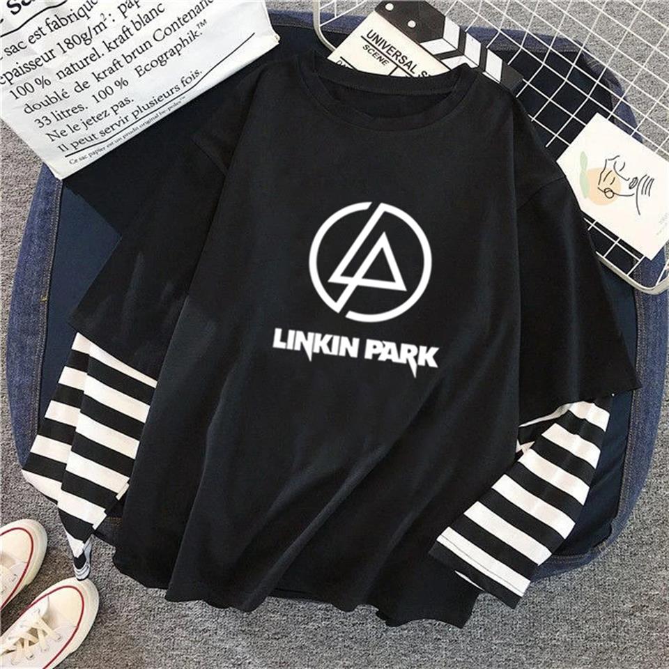 ESC BUTİK Linkin Park Logo Baskılı Fake Sleeves Unisex Siyah T-shirt