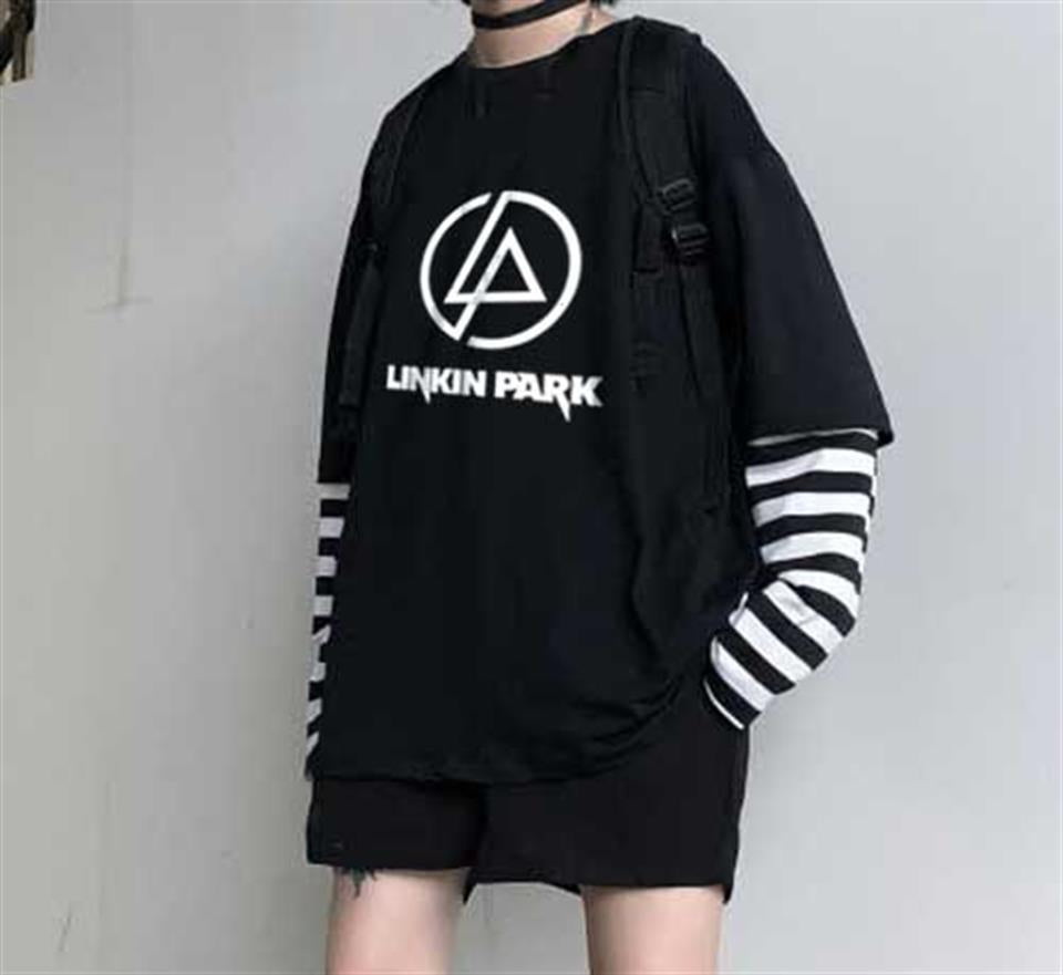 ESC BUTİK Linkin Park Logo Baskılı Fake Sleeves Unisex Siyah T-shirt