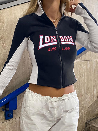 ESC BUTİK London Baskılı Fermuarlı Siyah Crop