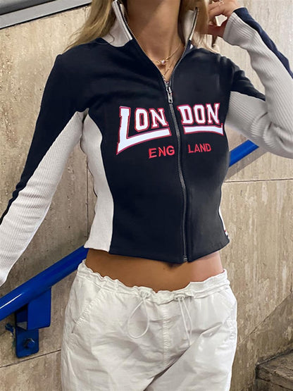 ESC BUTİK London Baskılı Fermuarlı Siyah Crop