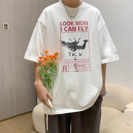 ESC BUTİK 'Look Mom I Can Fly' Beyaz Unisex Oversize T-shirt