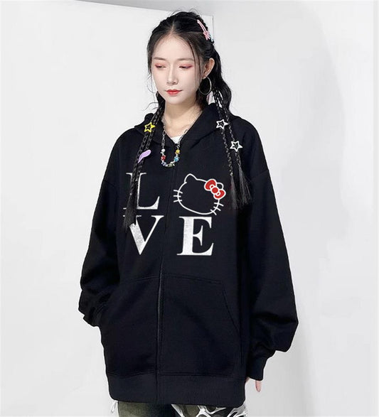 ESC BUTİK Love Cat Baskılı Oversize Fermuarlı Siyah Unisex Kapüşonlu Hırka