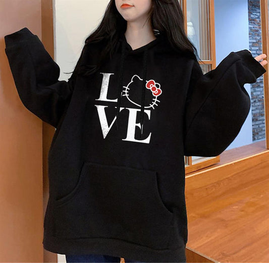 ESC BUTİK Love Cat Baskılı Siyah Unisex Oversize Kapüşonlu Sweatshirt