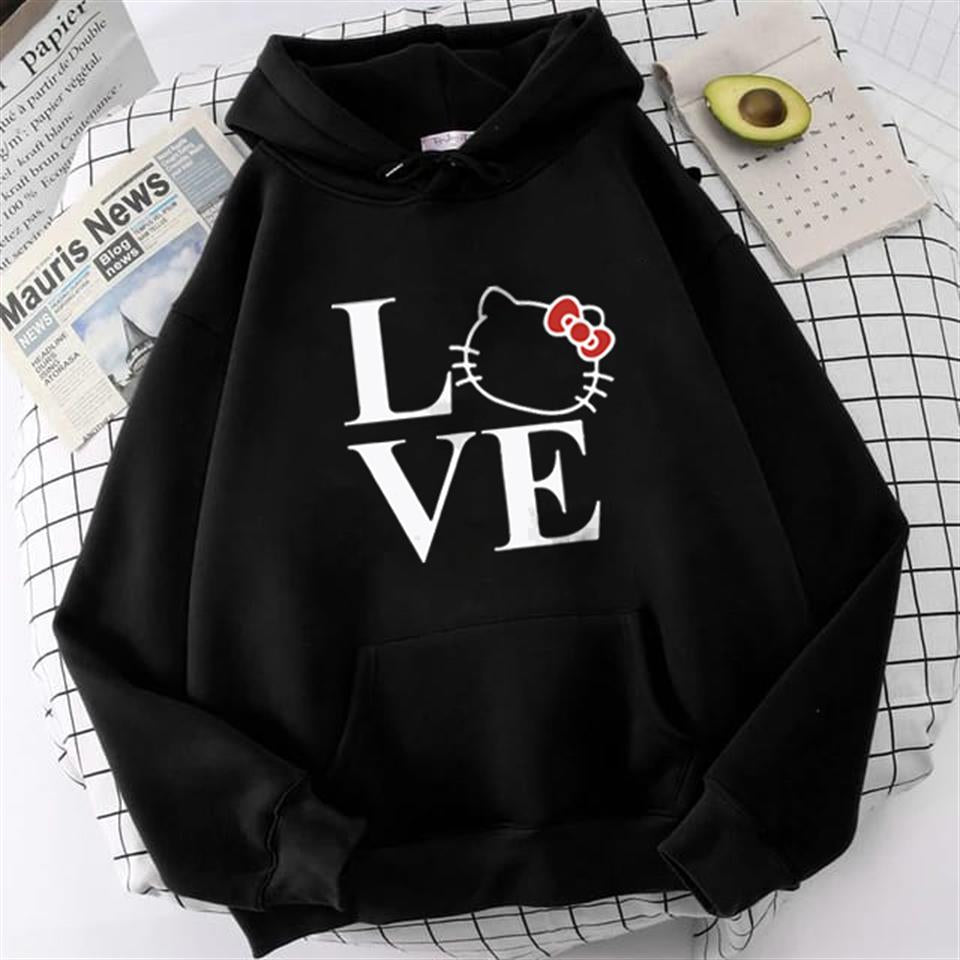 ESC BUTİK Love Cat Baskılı Siyah Unisex Oversize Kapüşonlu Sweatshirt