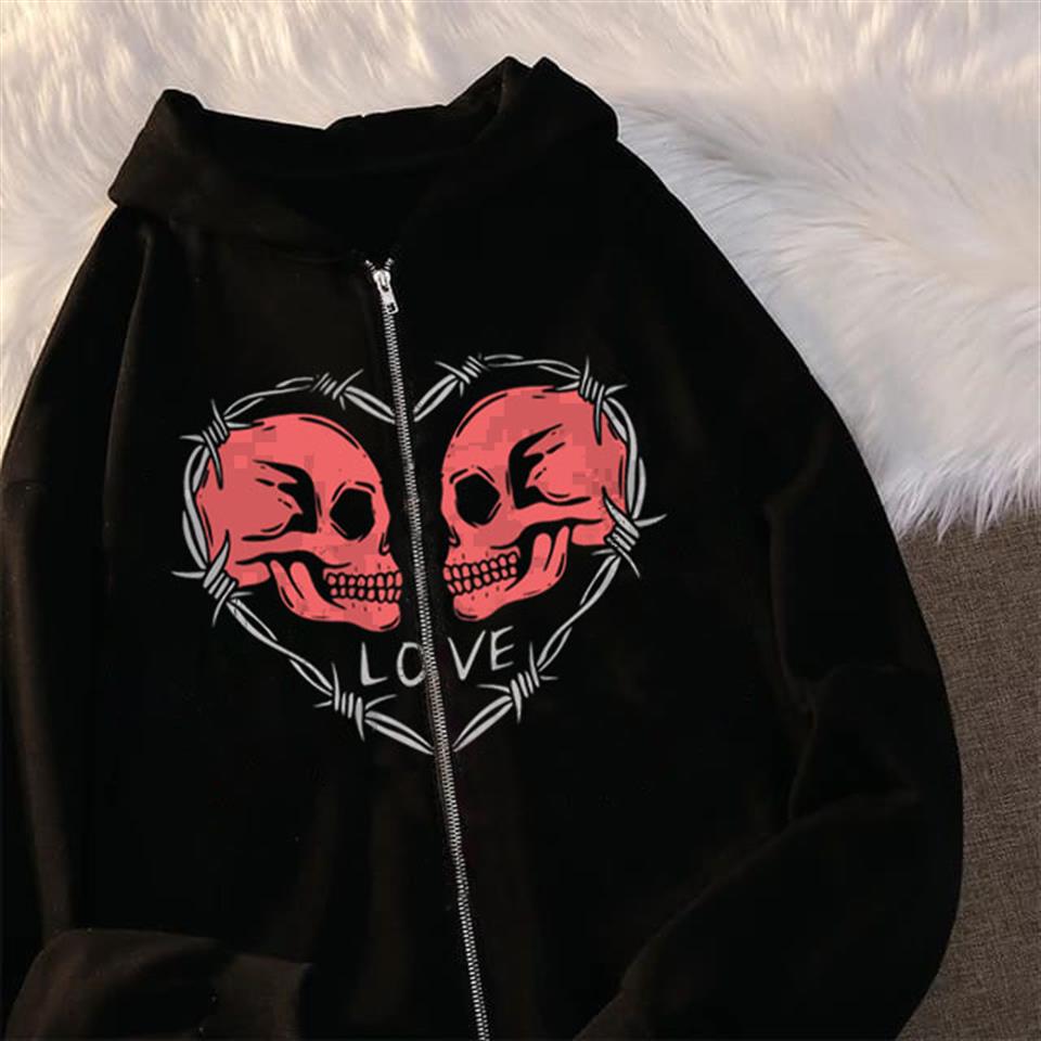 ESC BUTİK Love Skulls Baskılı Oversize Fermuarlı Siyah Unisex Kapüşonlu Hırka