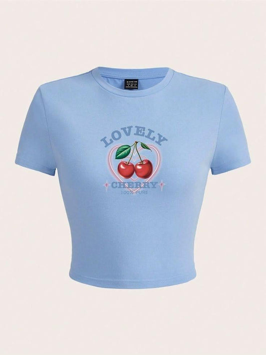 ESC BUTİK Lovelly Cherry Baskılı Crop Bluz