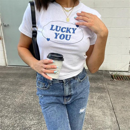 ESC BUTİK Lucky You Baskılı Beyaz Crop