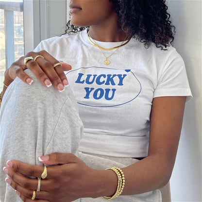 ESC BUTİK Lucky You Baskılı Beyaz Crop