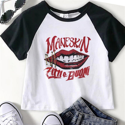 ESC BUTİK Maneskin Lips Baskılı Reglan Kol Beyaz Crop