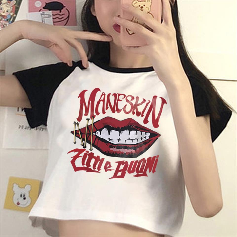 ESC BUTİK Maneskin Lips Baskılı Reglan Kol Beyaz Crop