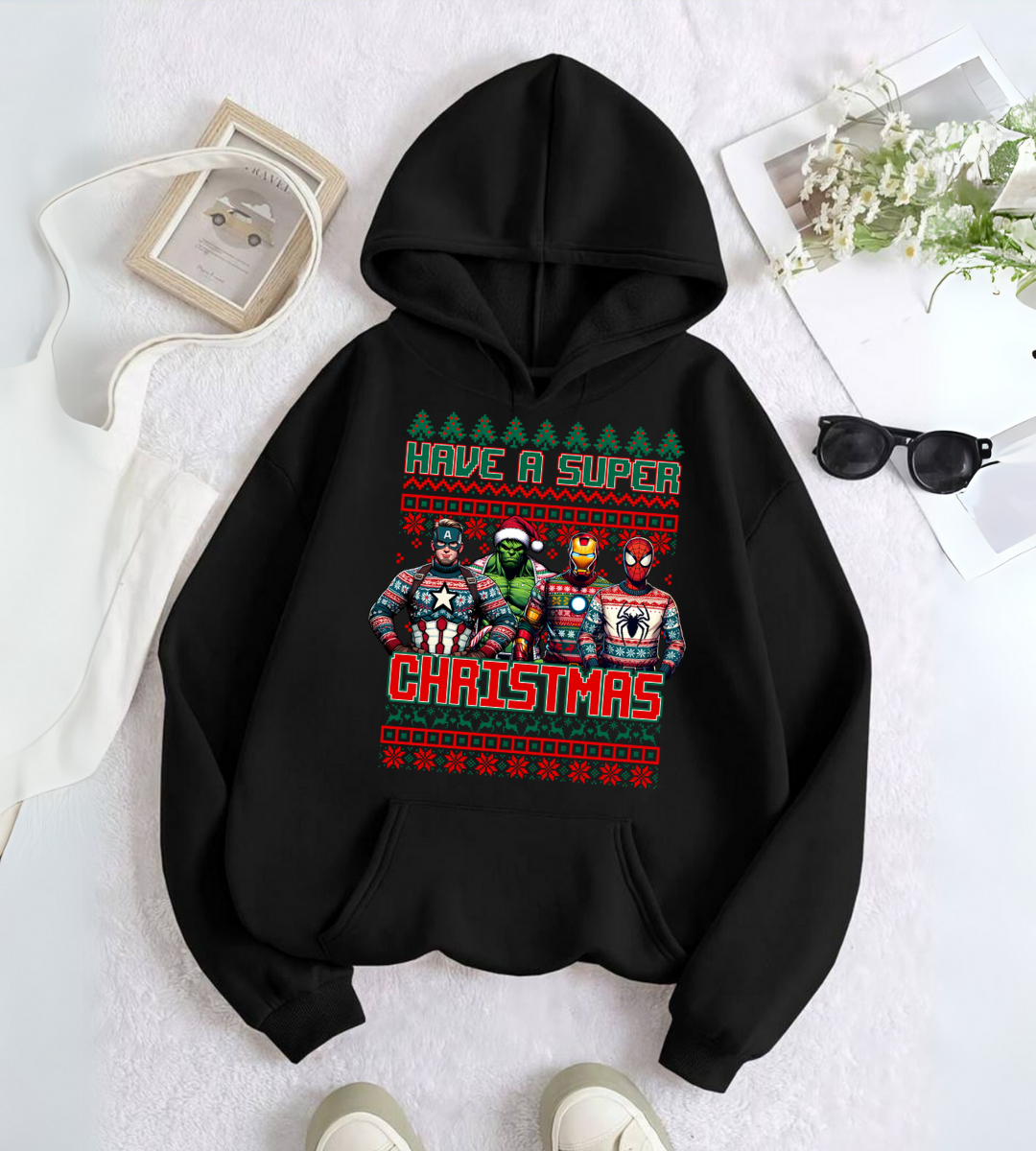 ESC BUTİK Marvel Merry Christmas Baskılı Kapşonlu Sweatshirt