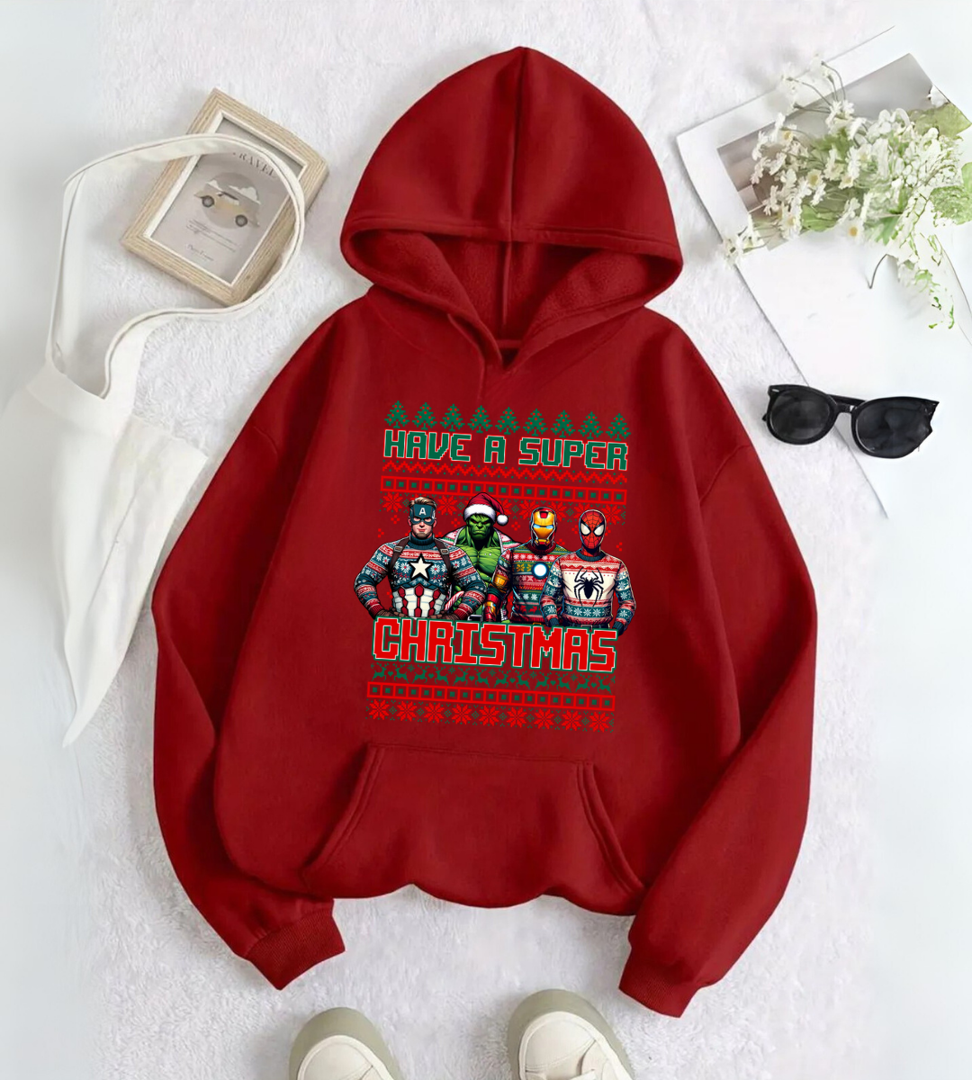 ESC BUTİK Marvel Merry Christmas Baskılı Kapşonlu Sweatshirt